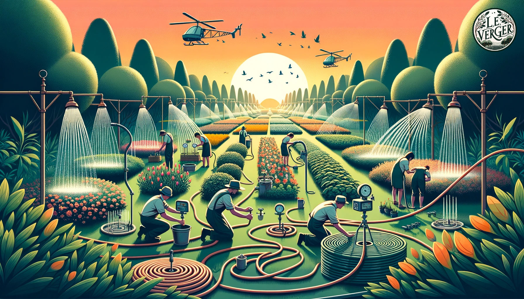 Illustration, wide aspect: A serene garden landscape during sunset. Multiple irrigation systems, such as soaker hoses and sprinklers, are visible. Diverse gardeners are engrossed in their tasks, with one person setting up a timer for the irrigation and another collecting rainwater.