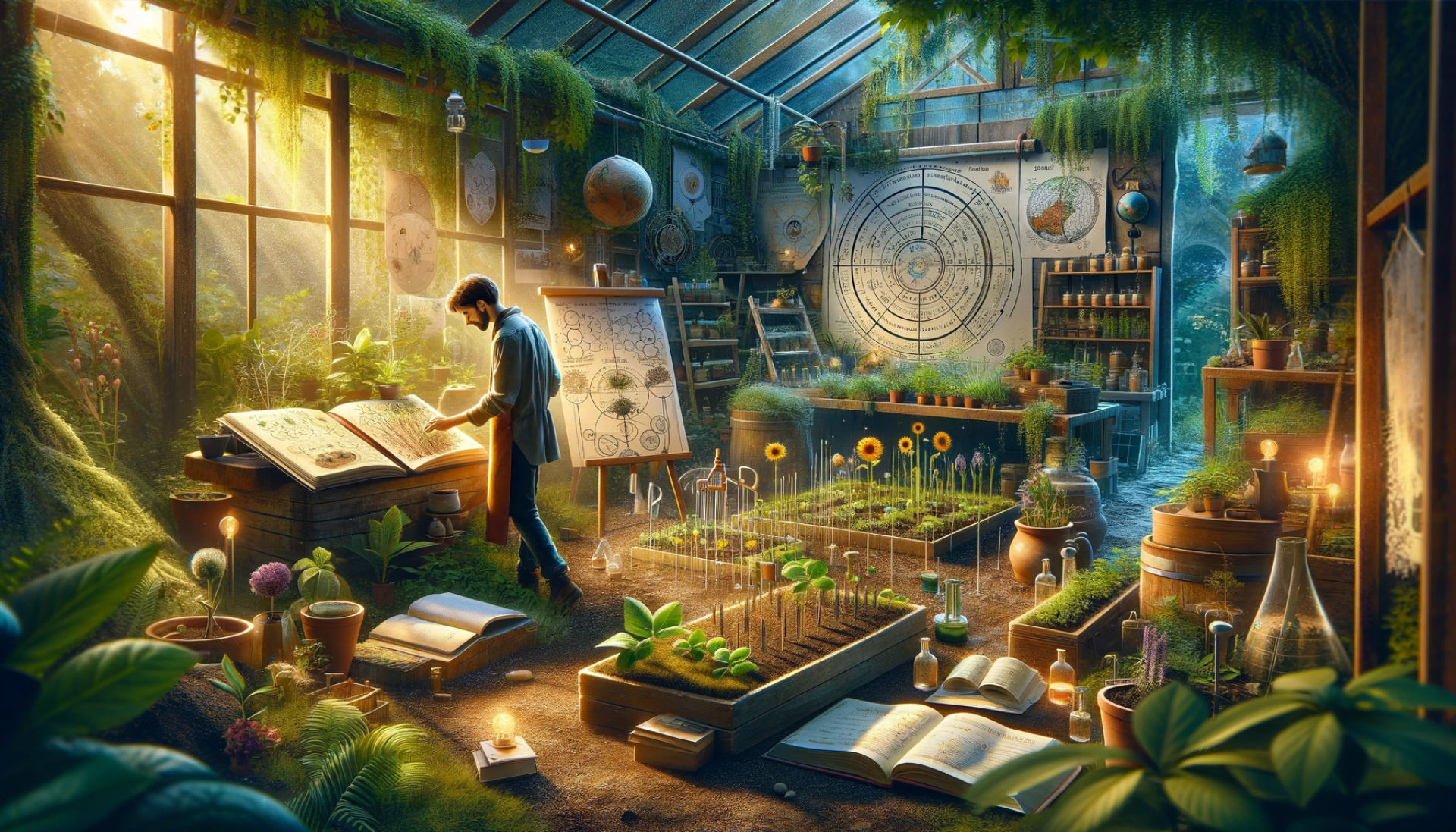 Understanding Biodynamic Gardening: The image depicts a person engaged in learning about biodynamic gardening. Surrounded by relevant materials in a lush environment, the scene conveys a sense of curiosity and dedication to understanding the principles and practices of biodynamic gardening.