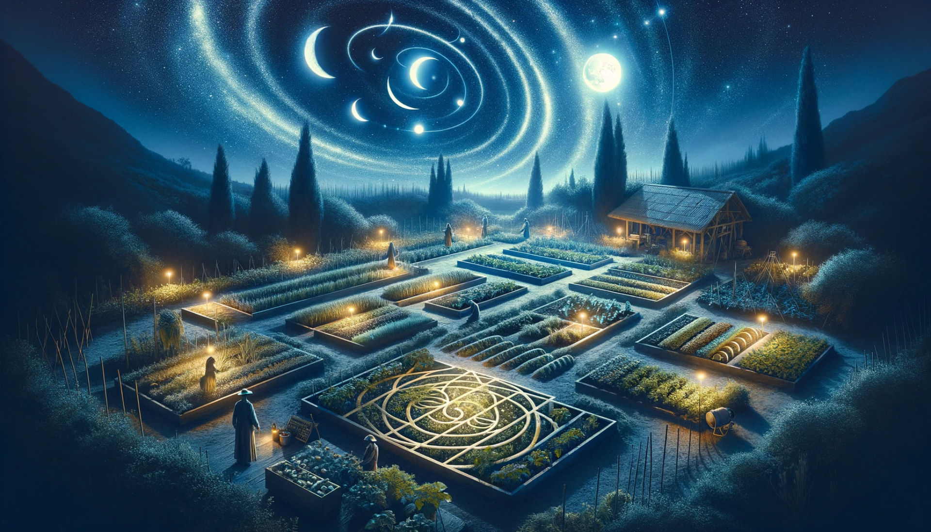 The Cosmic Connection: The third image illustrates the mystical aspect of biodynamic gardening, showing a night scene in a garden under a starry sky. This image captures the profound connection between the cosmos and biodynamic practices, emphasizing the influence of lunar and solar patterns on gardening activities.