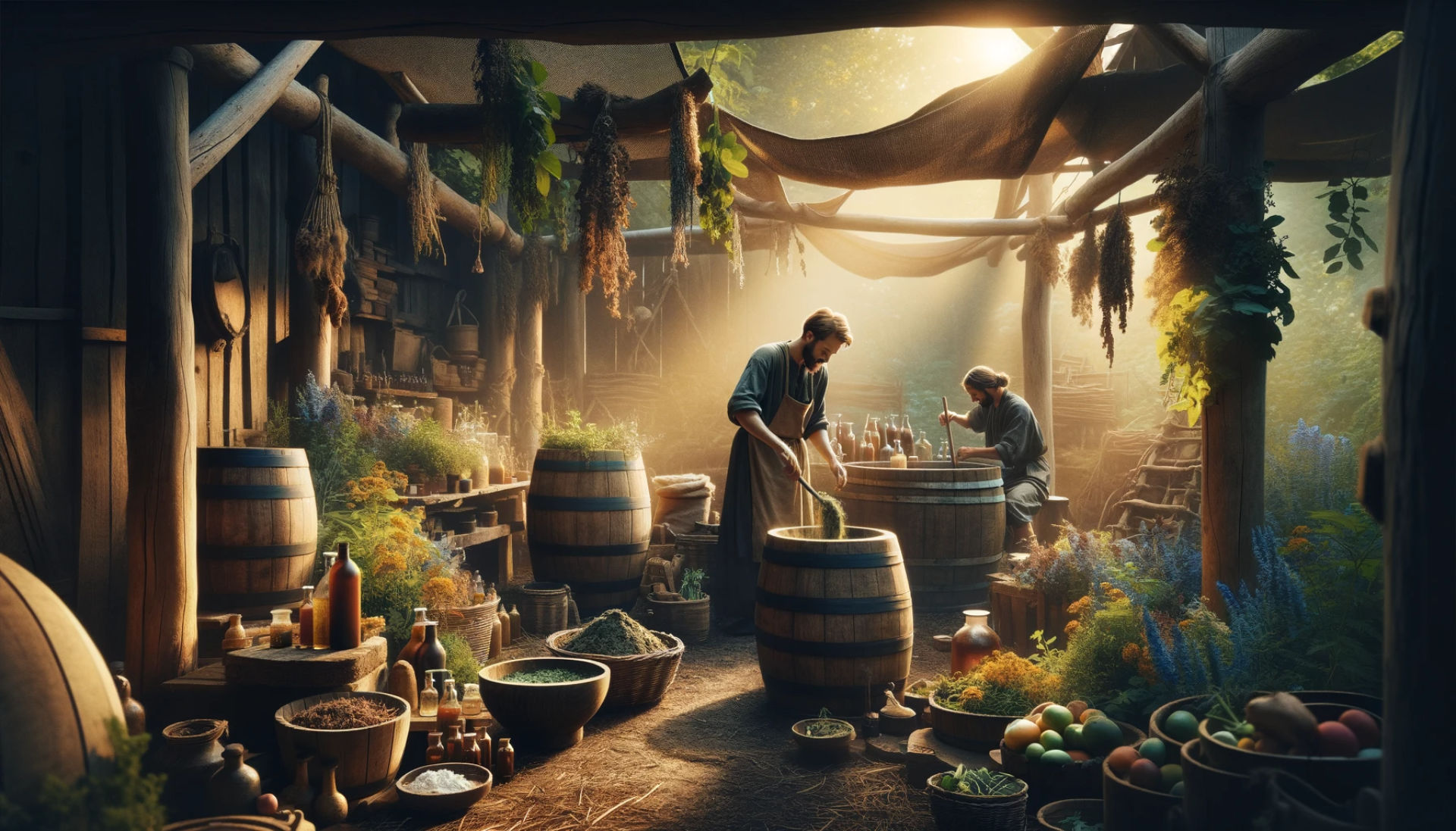 Preparation of Biodynamic Preparations: The second image portrays the preparation of biodynamic preparations. It features gardeners mixing herbal preparations in a rustic setting, surrounded by natural elements. This scene highlights the traditional and mindful process of creating biodynamic preparations, integral to the gardening practice.