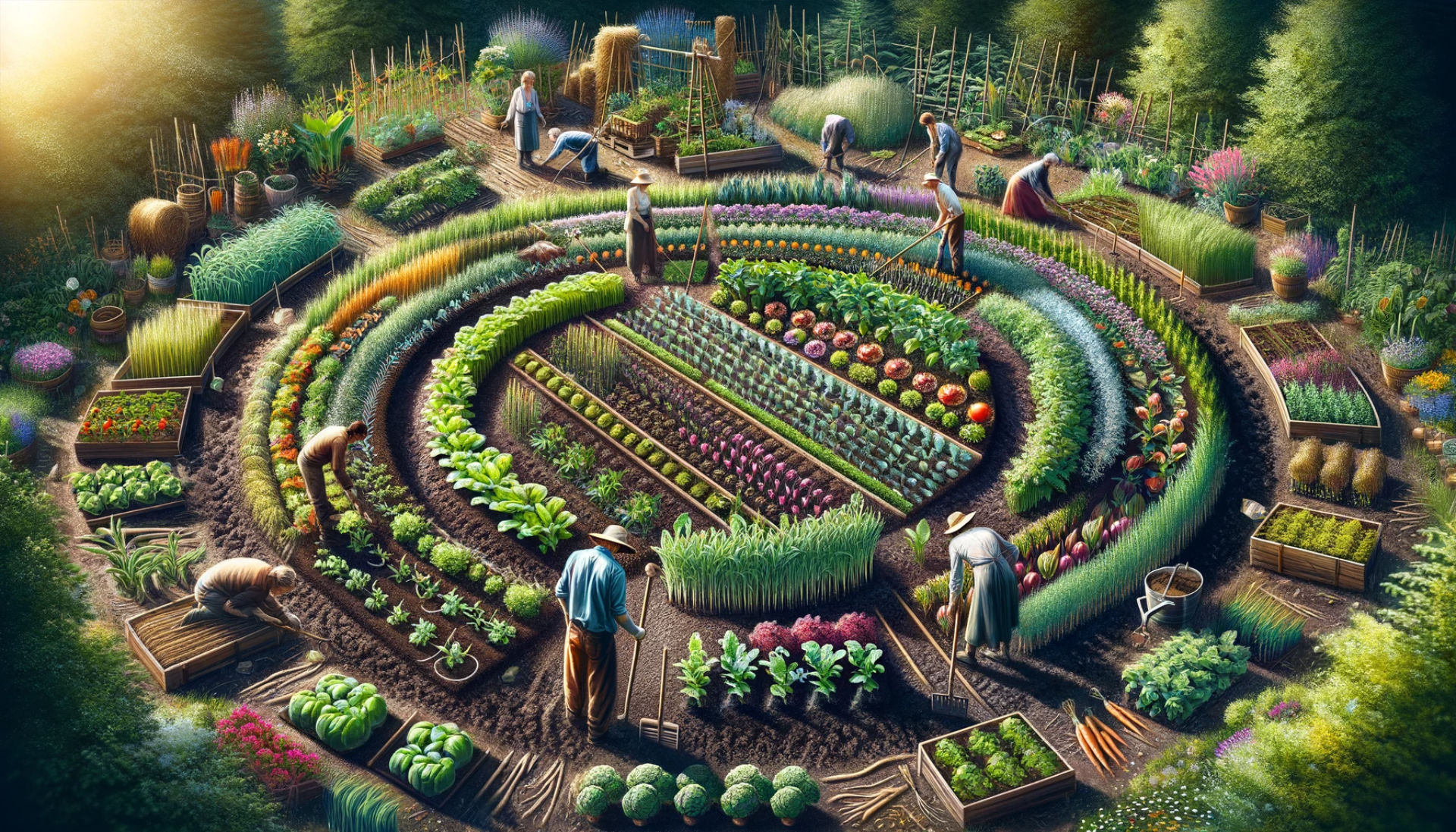 Planting and Crop Rotation: This image captures the essence of the planting phase in biodynamic gardening. It shows diverse crops being strategically planted in a rotated pattern, emphasizing the importance of crop diversity and rotation in maintaining soil health and ecosystem balance.