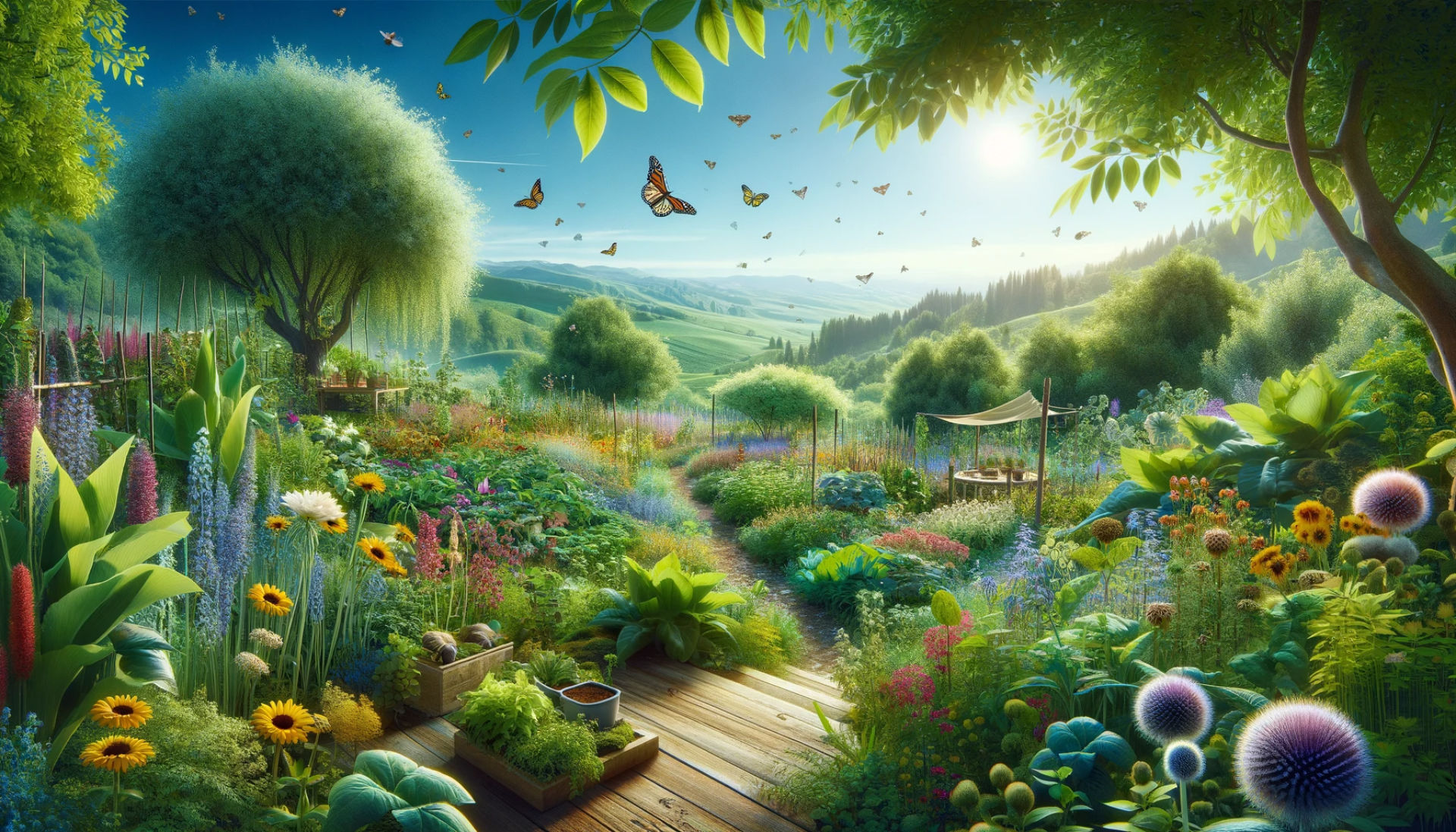 The Benefits of Biodynamic Gardening: The third image displays a lush and thriving biodynamic garden, illustrating the biodiversity and balance achieved through these methods. This scene embodies the benefits of biodynamic gardening, highlighting its positive impact on the ecosystem.