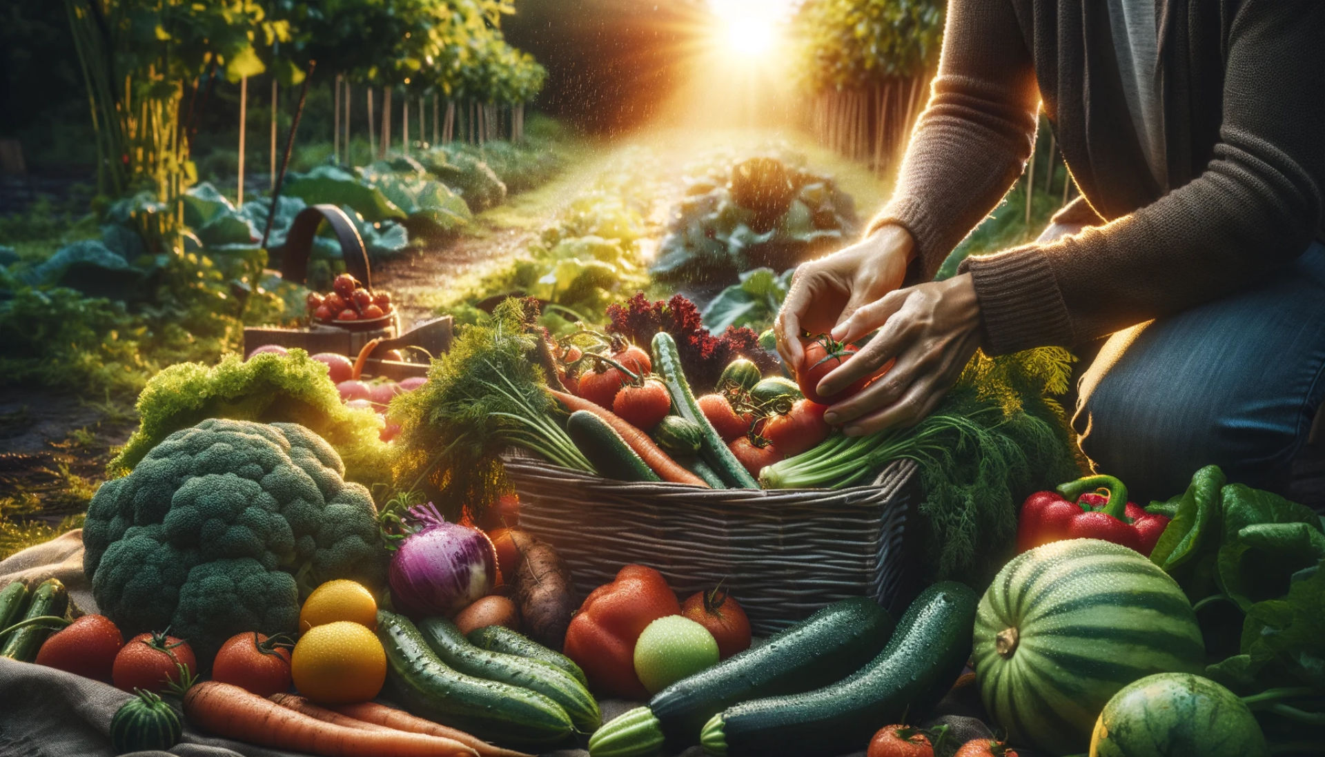 Harvesting and Storing Biodynamic Produce: The second image illustrates the harvesting process in a biodynamic garden. It emphasizes the vibrancy and diversity of the produce, showcasing the freshness and abundance yielded by these practices.