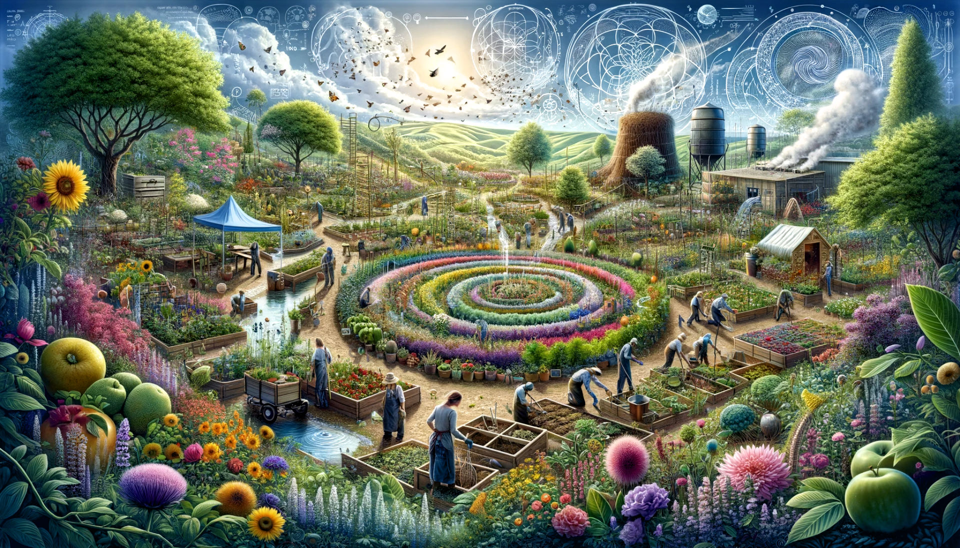Create an image in your mind's eye that encapsulates the overarching theme of biodynamic gardening. This scene should include a panoramic view of a thriving biodynamic garden with a variety of plants, flowers, and trees. The garden should be buzzing with activity, featuring gardeners engaged in different tasks like planting, watering, and tending to the plants. The background could include elements symbolizing the holistic approach of biodynamic gardening, such as a compost heap, a beehive, and a water collection system. The overall atmosphere should be vibrant and life-affirming, portraying the garden as a self-sustaining ecosystem that is in harmony with nature.