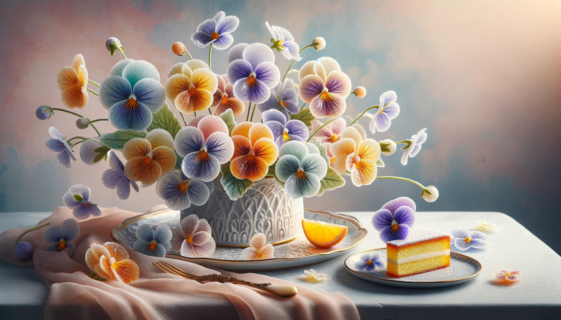 A high-definition image of candied violas arranged elegantly on a delicate porcelain plate, set against a soft, pastel-coloured background to enhance their visual appeal. The candied violas are shimmering with superfine sugar, displaying a range of vibrant colours. Some are fully opened, while others are delicately closed. The image captures the intricate details of the sugar-coated petals, with a few violas artistically placed beside a slice of lemon cake, showcasing their use as a dessert garnish. The overall ambiance is sophisticated and refined, highlighting the elegance of these edible decorations.