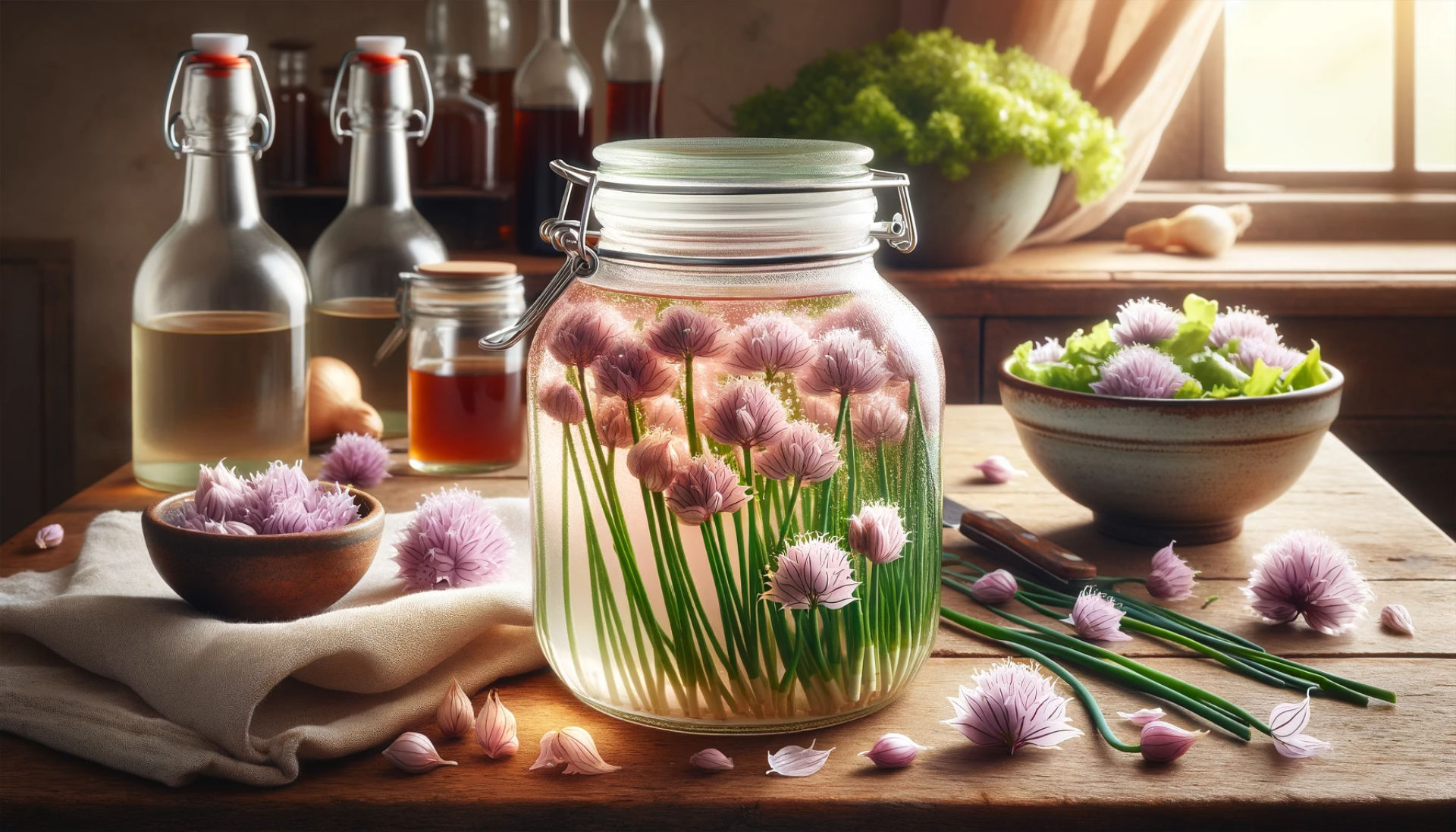 A high-definition image showcasing a jar filled with chive blossoms submerged in vinegar, set on a rustic kitchen counter. The jar is transparent, revealing the light pink hue of the vinegar. Around the jar, scattered chive blossoms and a small bowl of salad dressed with this vinegar are visible. The setting has a warm, inviting ambiance, with soft, natural lighting, emphasising the artisanal and homemade quality of the chive blossom vinegar. 