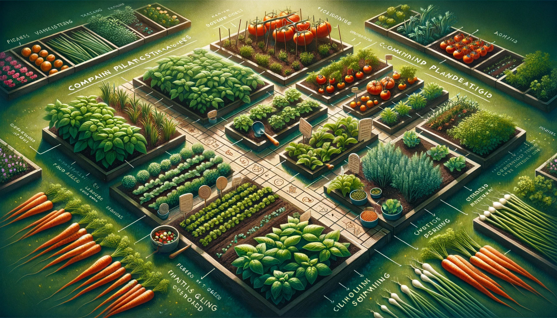 A visual representation of 'Companion Planting Strategies'. The image should feature a garden layout with a variety of plant pairings, demonstrating thoughtful companion planting. Include labels or subtle indicators to show strategic pairings like tomatoes with basil, and carrots with onions. The scene should be organized, with clear pathways and distinct plant areas, illustrating a well-planned companion planting system. Emphasize the thoughtful arrangement and the benefits it brings to the garden, like pest control, nutrient sharing, and pollination enhancement.