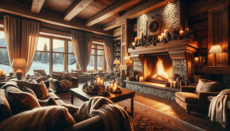 A cozy indoor scene featuring a large, crackling fireplace as the focal point. The room is warmly lit by the fire's glow, casting soft shadows around. Comfortable seating arrangements, like plush sofas and armchairs, invite relaxation and conversation. The decor reflects a rustic elegance, with wooden beams on the ceiling, a stone fireplace surround, and winter-themed decorations like pine cones and warm, woolen blankets draped over the furniture. The outside view through a window shows a landscape blanketed in snow, contrasting with the indoor warmth. The atmosphere is one of comfort and warmth, a shelter from the cold winter outside.