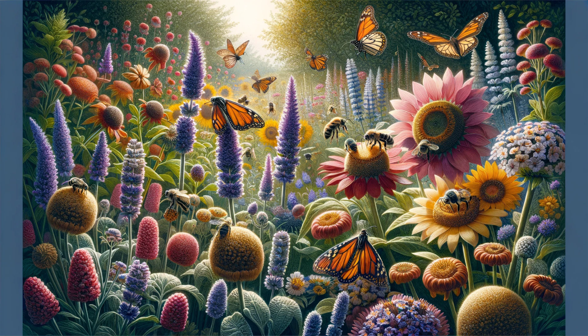 An image depicting 'Improved Pollination' in a companion planting garden. Illustrate a variety of flowering plants, such as lavender and sunflowers, attracting bees and butterflies. The scene should be vibrant and alive with pollinator activity, emphasizing the role of these insects in the garden's health. Show bees and butterflies moving from flower to flower, highlighting the critical process of pollination. The overall atmosphere should be one of a bustling, lively garden, with a focus on the symbiotic relationship between plants and their pollinators.