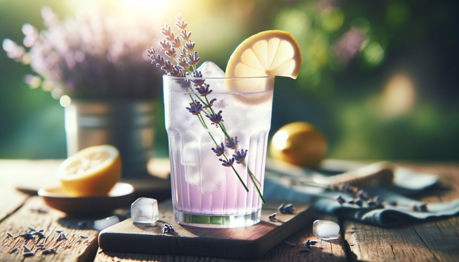 Lavender-Infused Lemonade, beautifully capturing its refreshing and summery essence. The glass filled with the lemonade, ice cubes, lemon slices, and a sprig of lavender, all set on a rustic wooden table against a natural backdrop, visually complements the recipe perfectly.
