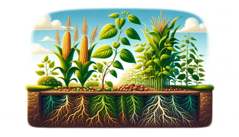 Illustration for 'Nutrient Enhancement'. Show a garden scene with plants that enhance each other's nutrient uptake, like beans growing near corn. The image should depict healthy plants with lush foliage, emphasizing their vitality due to nutrient sharing. Include root visuals, subtly showing how different root systems coexist and assist each other in nutrient absorption. The garden should look vibrant and productive, with a focus on the unseen, below-ground interactions that contribute to the overall health and growth of the plants.