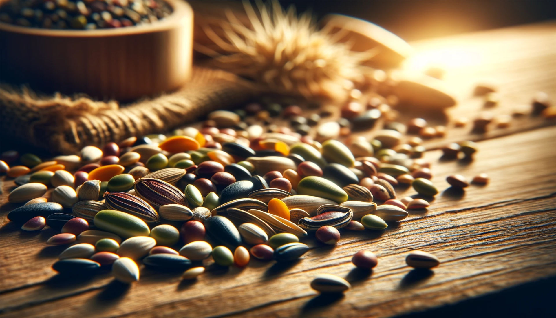 This image features a close-up view of various organic seeds, highlighting their diversity in shape, color, and size. The natural and warm lighting enhances the earthy feel, emphasizing the essence of organic seeds.