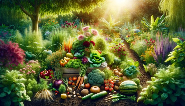 A vibrant garden scene showcases a variety of plants grown from organic seeds. This image captures the health and vitality of the garden, with lush greenery and colorful blooms, illustrating the benefits of using organic seeds.