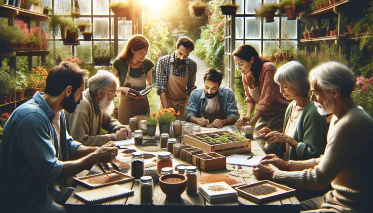 A gardening workshop focused on organic seed selection is illustrated here. The diverse group of gardeners engaged in discussion around a table filled with organic seeds and tools offers practical visual tips for successful seed selection.