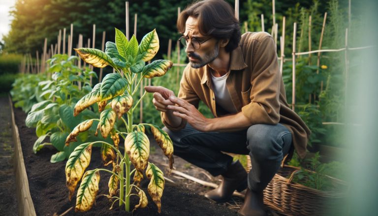 a gardener examining a plant with issues, such as yellowing leaves or stunted growth, in an organic garden. This represents the common problems that can arise from poor seed selection, emphasizing the importance of choosing the right seeds.