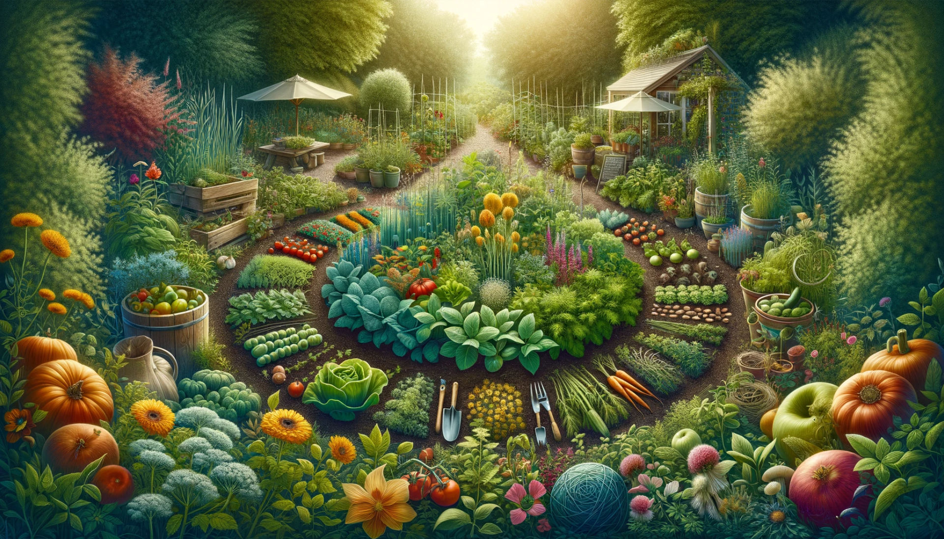 This garden scene captures the essence of a healthy, diverse garden, where a variety of plants coexist harmoniously, illustrating the transformative power of understanding and utilising plant companionship.