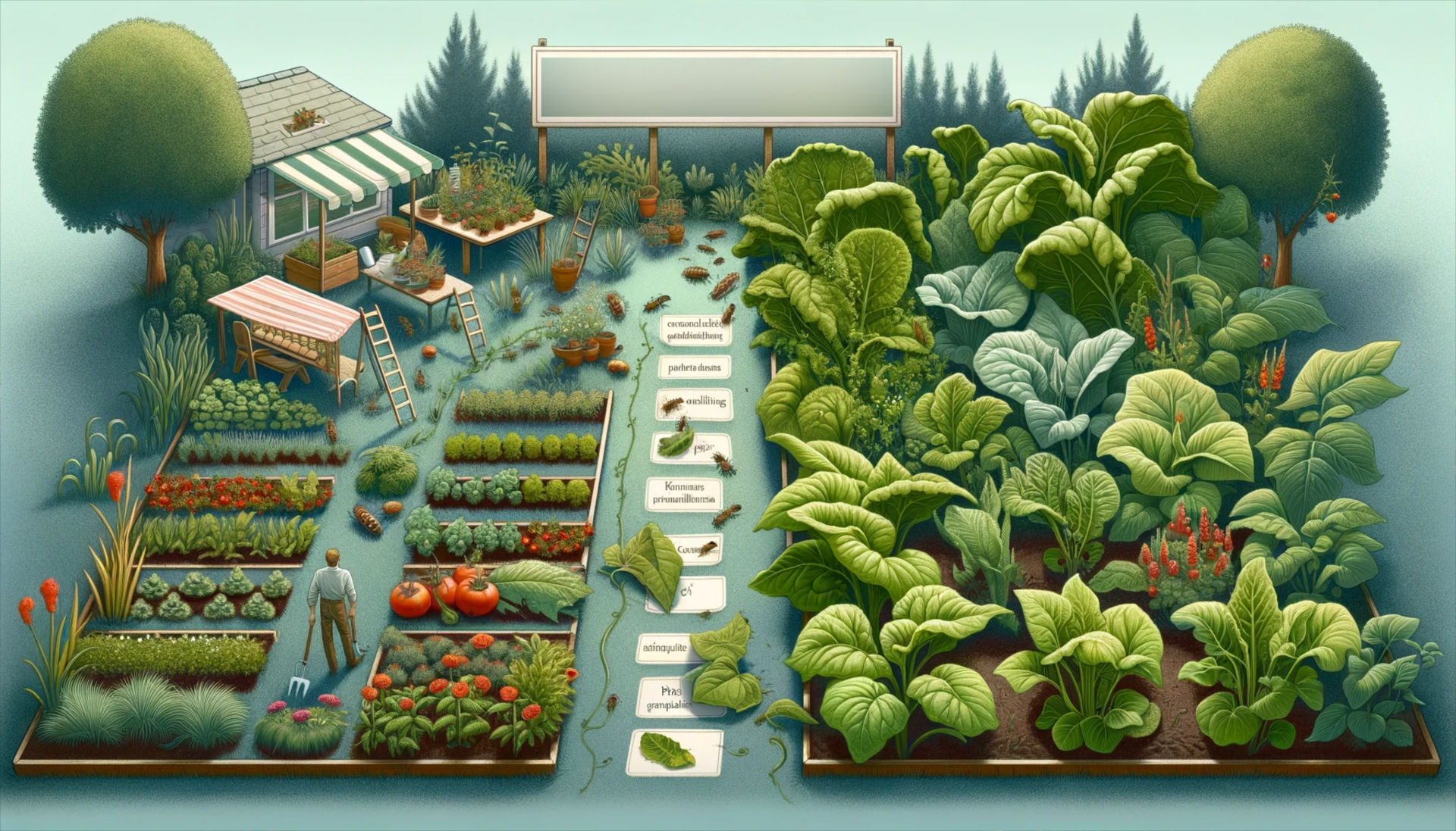 A garden scene depicting 'Potential Challenges and Pitfalls' in companion planting. The image should subtly illustrate common issues like overcrowding, improper plant pairing, and pest infestations. Show a section of the garden struggling with these challenges, with plants looking less vibrant and slightly wilted. Include visual cues like pests on leaves, and plants competing for space and resources. This scene should contrast with a healthier section of the garden, emphasising the importance of proper companion planting practices.