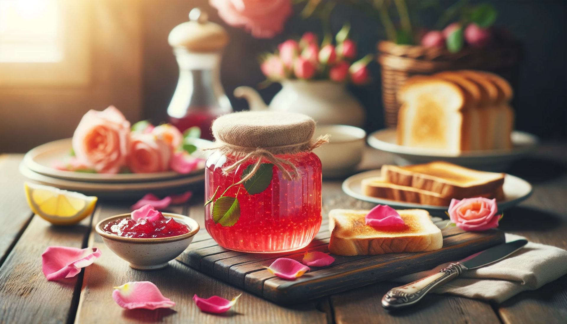 A breakfast setting with a jar of homemade rose petal jam. The jam has a vibrant pink colour and is served in a glass jar with a rustic lid. Beside the jar, there's a plate of freshly toasted bread, a small bowl of lemon wedges, and a few scattered rose petals on a wooden table. The background is softly blurred, creating a cozy, morning ambiance. The lighting is warm and gentle, reminiscent of a serene morning. 