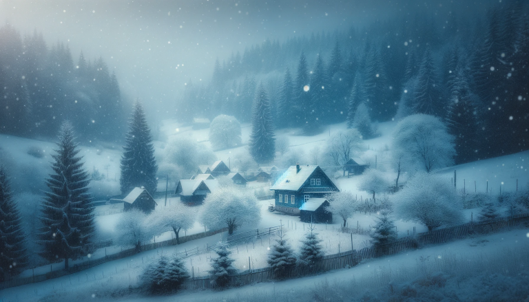 A peaceful winter landscape during the first snowfall. Delicate snowflakes gently falling from the sky, covering the ground, trees, and houses with a soft, white blanket. The scene is serene and enchanting, with a muted palette of whites and greys, the tranquility of the snowfall bringing a magical transformation to an ordinary setting. The atmosphere is quiet, with no human figures or animals, emphasizing the untouched beauty of the first snow. Twilight adds a subtle blue hue to the snow, creating a fairy tale-like ambience in a wide aspect ratio.