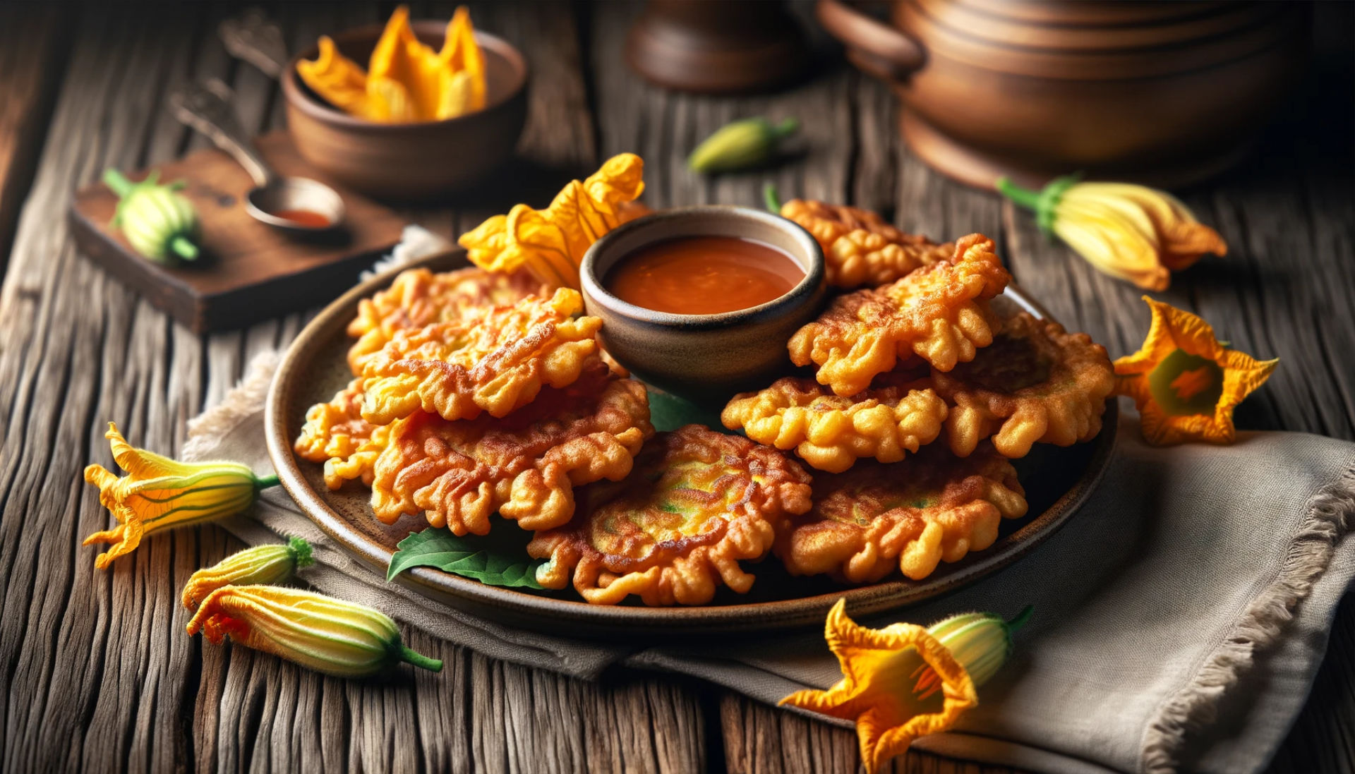 A high-definition image showcasing golden squash blossom fritters on a rustic serving plate, with a small bowl of dipping sauce on the side. The fritters are perfectly fried, showing a crispy exterior with visible hints of the delicate squash blossoms peeking through the batter. Set on a wooden table, the image captures the home-cooked and appetising nature of the dish. The background is blurred, focusing on the fritters and their crispy texture, while a few fresh squash blossoms are also visible, adding to the rustic and homemade feel of the scene.