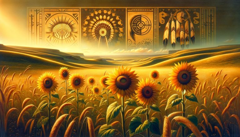 the historical connection of sunflowers to Native American culture, set against the backdrop of North American plains. It captures the essence of sunflowers in their natural state, with subtle hints of Native American cultural elements.