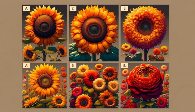 The image provides a visual representation of the diverse types of sunflowers, highlighting varieties like Common Sunflower, Russian Giant, Teddy Bear, Red Sun, and Autumn Beauty. Each type is distinctively illustrated