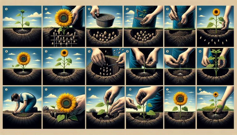 The image visually guides the reader through the sunflower planting process, from soil preparation to the early sprouting stages. It's an engaging visual guide for the "How to Plant Sunflowers" 