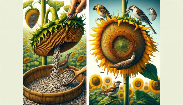 The image provides a comprehensive visual representation of the harvesting and various uses of sunflowers, from collecting seeds to feeding wildlife. It effectively illustrates the final stage in the lifecycle of sunflowers, making it suitable for the "Harvesting and Uses" section 