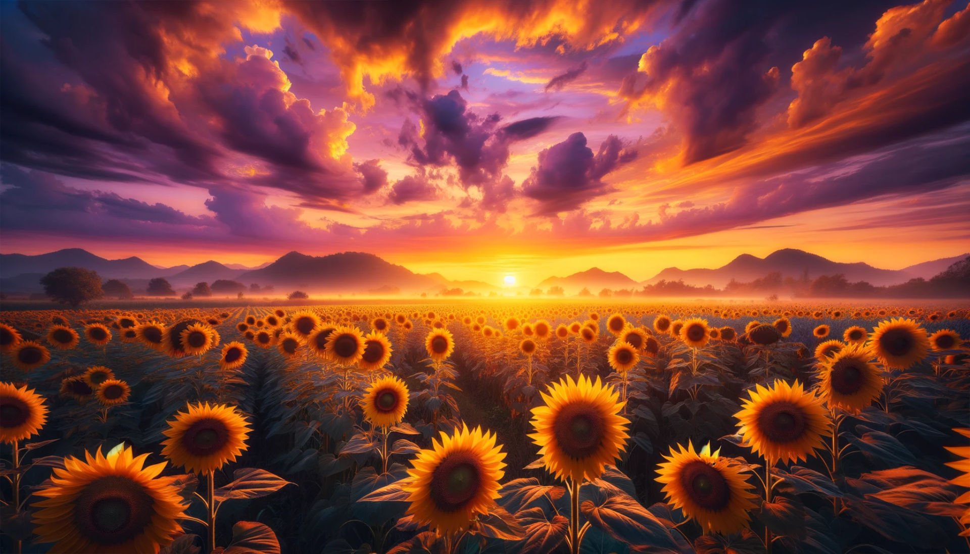 The image offers a cinematic and visually striking view of a sunflower field, set under a vibrant sky.