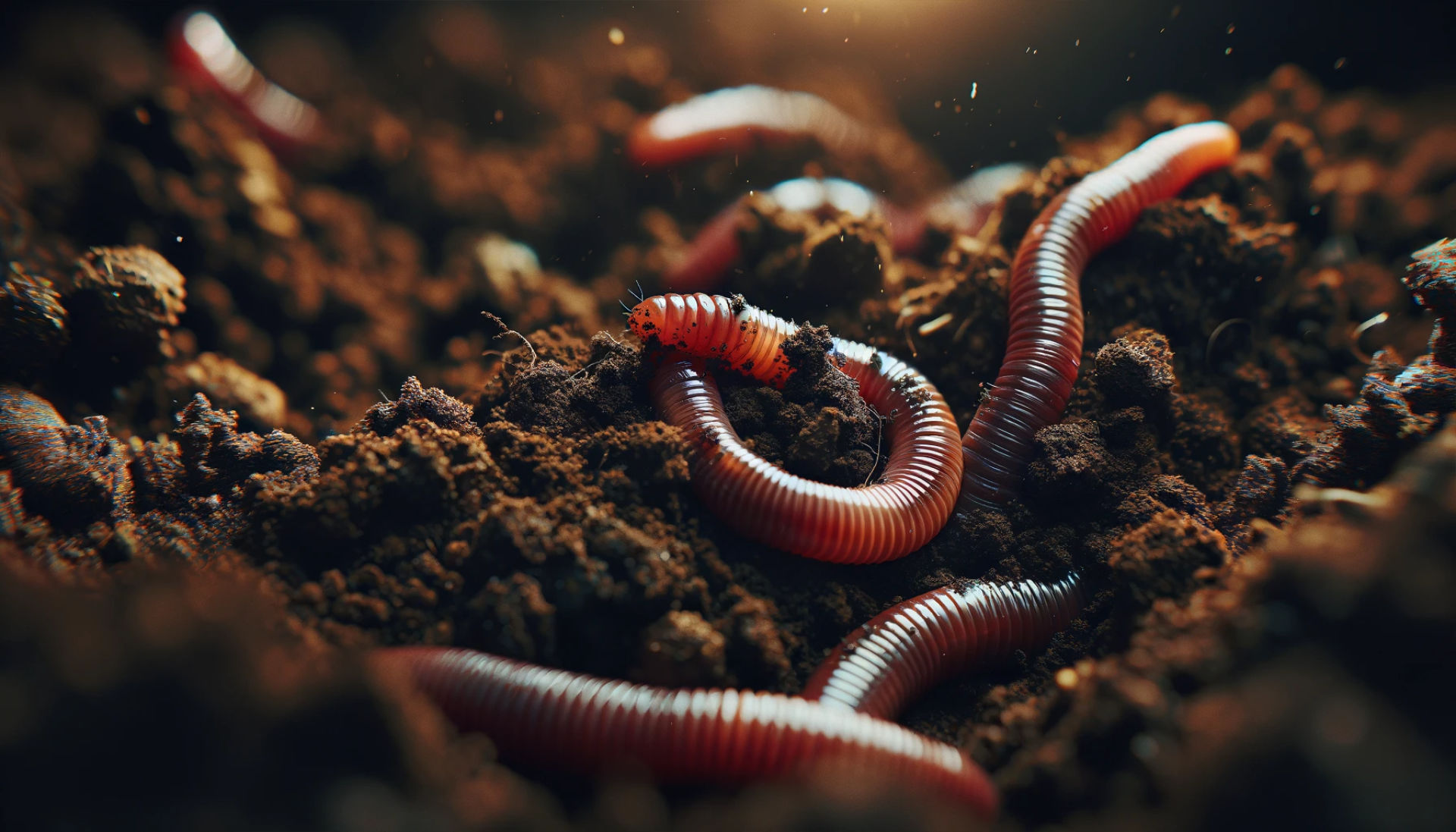 The Worms Behind Vermicomposting: The first image showcases a close-up view of red wiggler worms in rich, dark soil, emphasizing the texture and details of the worms and the surrounding earth.