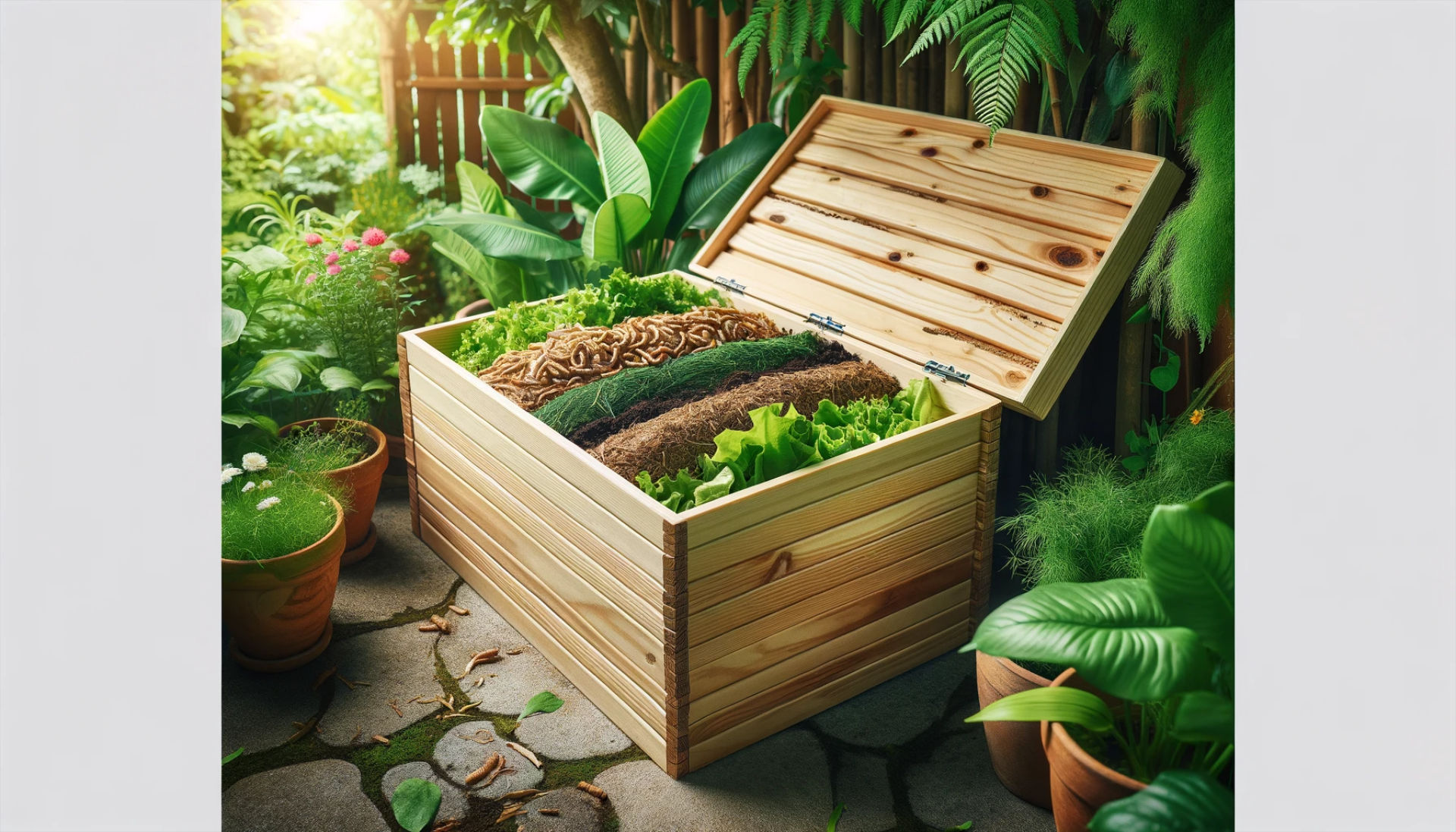 Setting Up Your Vermicomposting Bin: The second image depicts a beautifully arranged vermicomposting bin set up in a garden environment, with a wooden bin partially open to reveal layers of organic material inside.