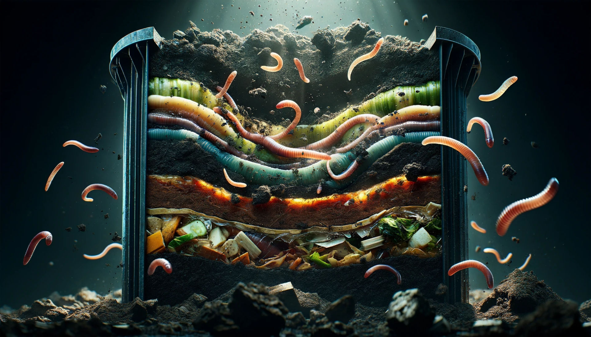 Worms: The Ultimate Recyclers: The fourth image captures a cross-section view of a vermicomposting bin, vividly depicting the layers within, including soil, organic waste, and worms actively recycling the materials.
