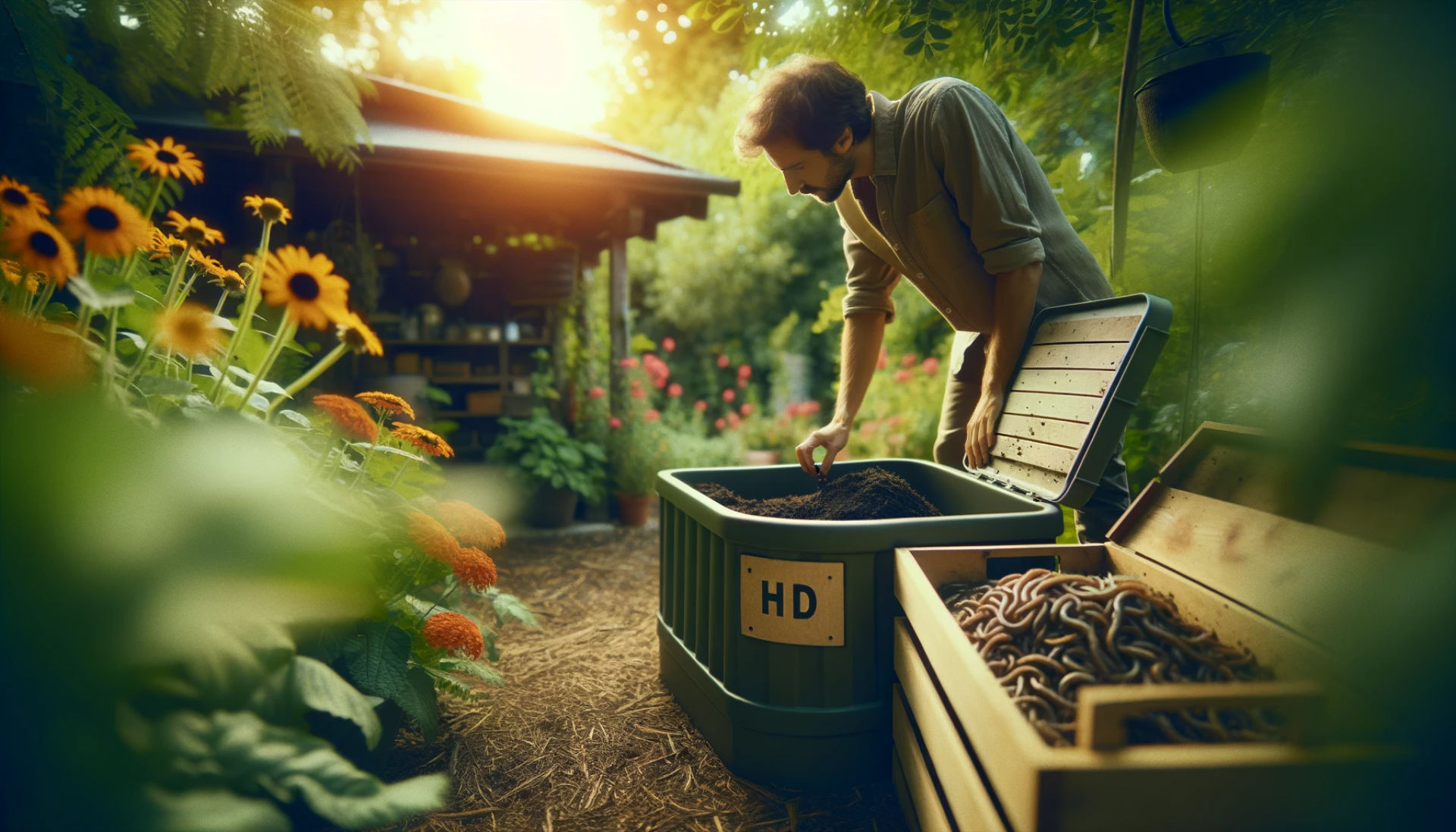 Troubleshooting and Maintenance: The final image illustrates a person troubleshooting a vermicomposting bin in a garden setting, focusing on the maintenance aspect and the hands-on approach required for vermicomposting.