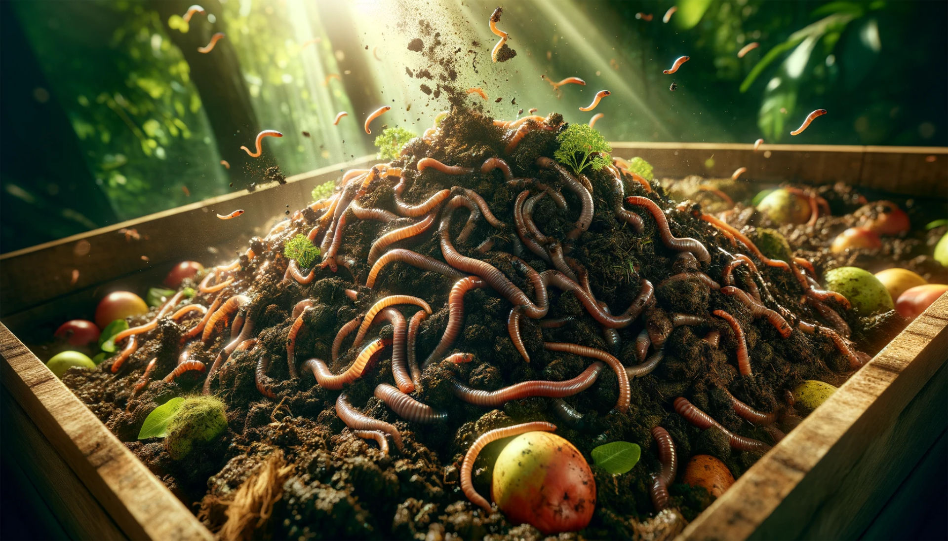 Featured image captures the overarching theme of vermicomposting, illustrating the process of worms transforming waste into compost. It features a blend of worms, rich soil, and decomposing organic matter in a natural and vibrant setting. This image is designed to serve as the featured article image, embodying the environmentally friendly and sustainable nature of vermicomposting, and highlighting the beneficial impact of worms in this eco-friendly process.