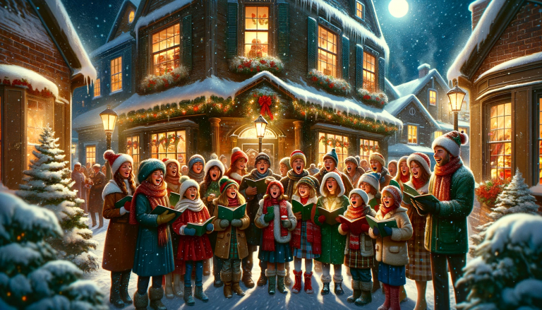 A lively winter street scene with a group of carolers dressed in warm, festive clothing singing joyfully. Snow is gently falling, and the surrounding houses are decorated with holiday lights. The air is filled with the aroma of holiday treats like gingerbread and hot chocolate, with visible warmth emanating from the windows. The atmosphere is one of joy and community spirit as families and friends gather around, some exchanging gifts, others sharing laughter. The overall impression is of a quintessential winter tradition that is both heartwarming and festive, capturing the essence of the holiday spirit.