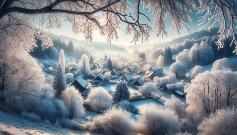 A wide-aspect scenic view of a winter wonderland with trees, branches, and rooftops delicately adorned with frost. The landscape sparkles with ice crystals under a soft winter sunlight, creating a magical and enchanting atmosphere, evoking awe and wonder.