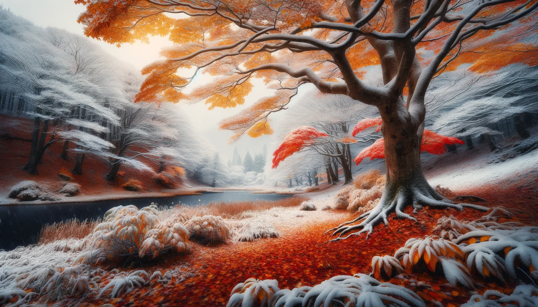 A serene, snow-covered landscape transitioning from autumn to winter. The scene is peaceful with a mix of the last vibrant autumn leaves on some trees and the ground, and the rest covered in a soft blanket of snow. The sky is overcast, hinting at the cold air, and the overall atmosphere is one of quiet and tranquility, capturing the essence of the changing seasons. The image should convey a feeling of peacefulness and the unique stillness that comes with the first snowfall, using professional photography techniques to enhance the beauty of the transition.