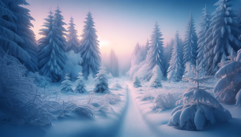 A serene winter wonderland scene where the world is blanketed in snow. Imagine a wide panoramic view of a tranquil forest where the trees are covered in a thick layer of pristine white snow, their branches hanging heavy. A narrow, barely visible path winds through the trees, untouched by footprints. The sky is a soft pastel gradient from dawn, with shades of light blue, pink, and lavender, suggesting the early hours of a cold winter morning. The air is still, and the only sound is the distant call of a lone winter bird. This is a landscape that invites quiet reflection, a place of peace where time seems to stand still. The scene should evoke the feeling of solitude and the beauty of a hushed, frosty environment.