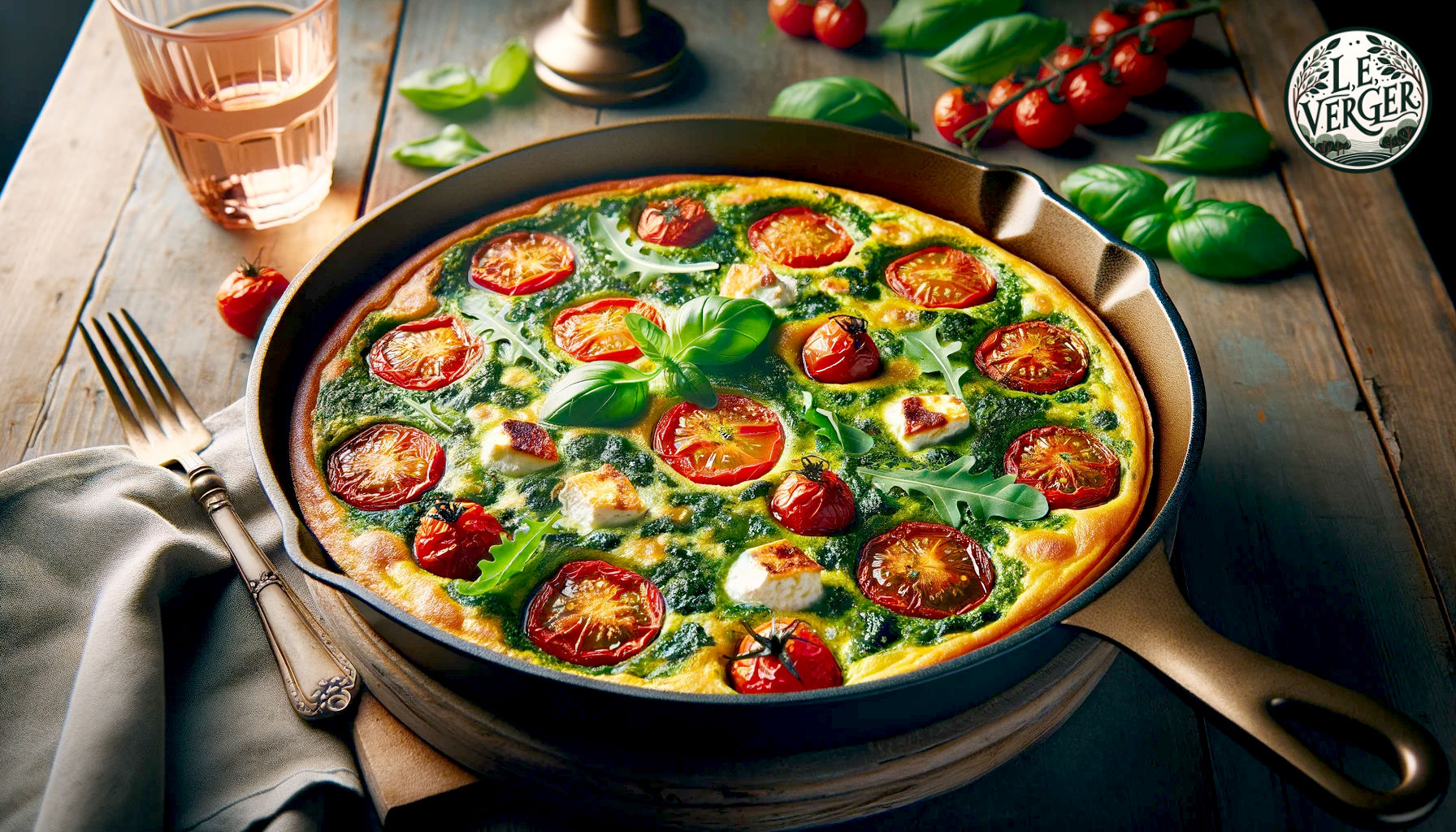 Baked Frittata with Pesto, Roasted Tomatoes, and Goat Cheese