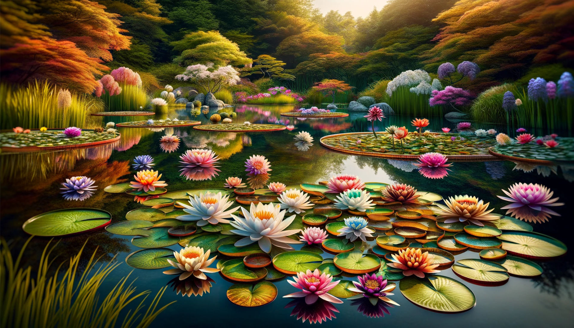 Featured Article Image: A serene pond scene with various types of water lilies in full bloom, showcasing their diversity in colors and sizes. The image captures the tranquil atmosphere they create, with reflections on the water's surface, surrounded by lush greenery.