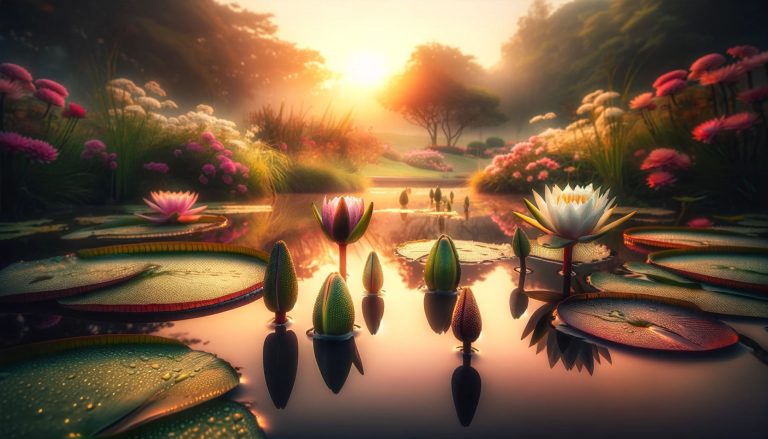 The Life Cycle of a Water Lily: The image focuses on water lilies at different life stages—bud, bloom, and seed pod—under the soft morning sunlight. The pond's surface reflects the sky's pastel colors, complemented by the morning dew on surrounding grass and flowers, narrating the journey of water lilies from bud to bloom to seed.