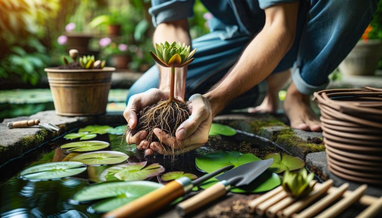 Growing Your Own Water Lilies: A depiction of a gardener's hands gently planting a young water lily in a pond, with clear water showing the roots settling into the pond bed. Gardening tools, a small bucket, and other young water lilies waiting to be planted are included, highlighting the human interaction with these plants in a lush garden setting.