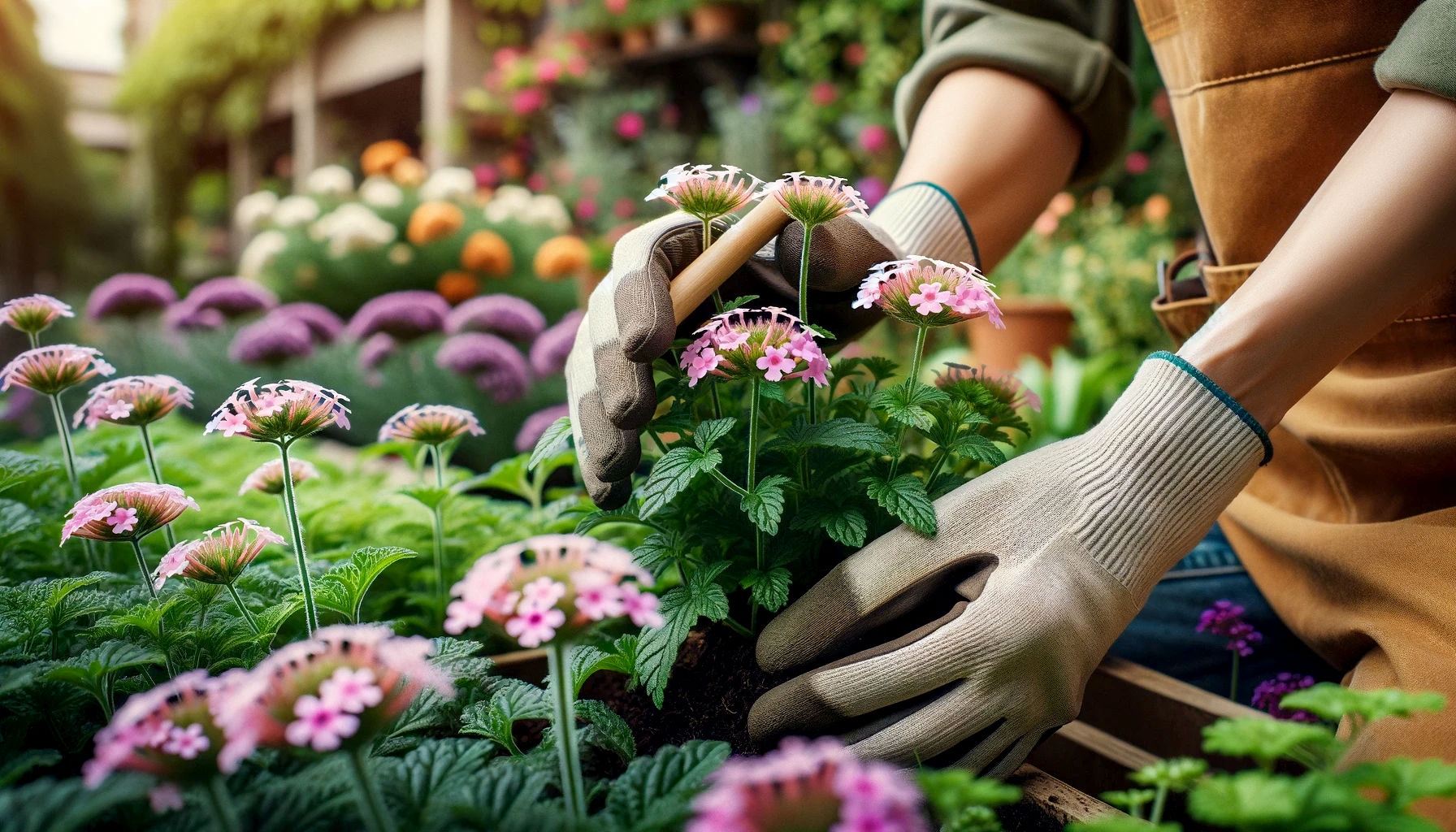 In this image, we see a person gently caring for Verbena plants in a garden. The focus on the gardener's interaction with the vibrant Verbena highlights both the visual appeal and the ease of care of the plant. The well-maintained garden setting in the background subtly nods to the rich history and story of Verbena, blending beauty, tradition, and practicality in a single scene.