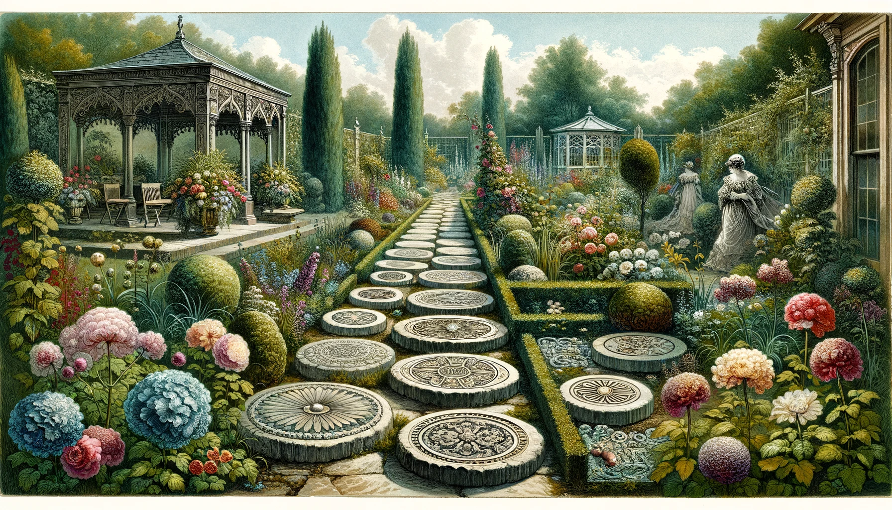 Victorian Garden with Decorative Stepping Stones